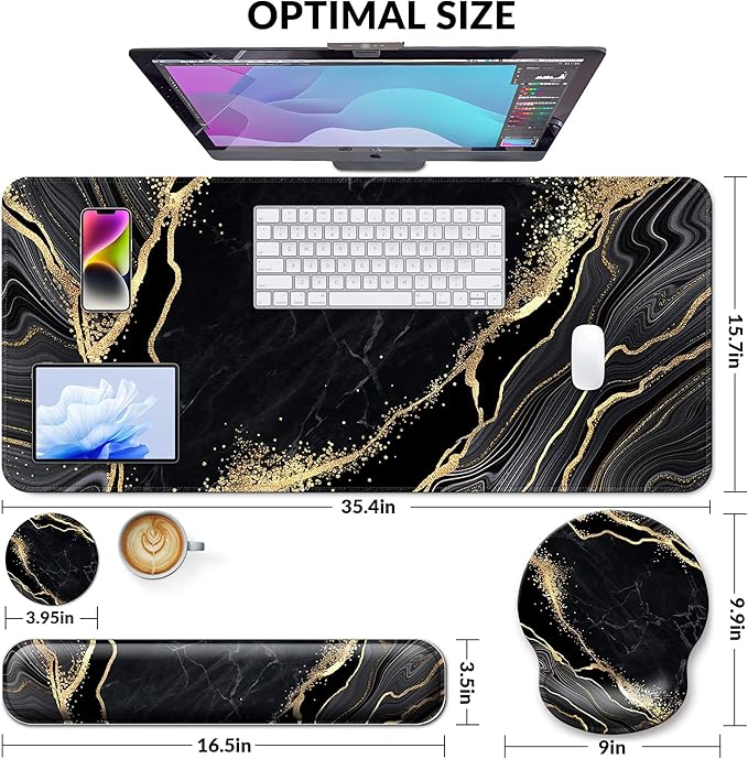 Desk Mat Set + Keyboard and Mouse Pad with Wrist Rest Support,4-in-1 Large Mousepad Computer Mats for Desktop Home & Office-Marble 3