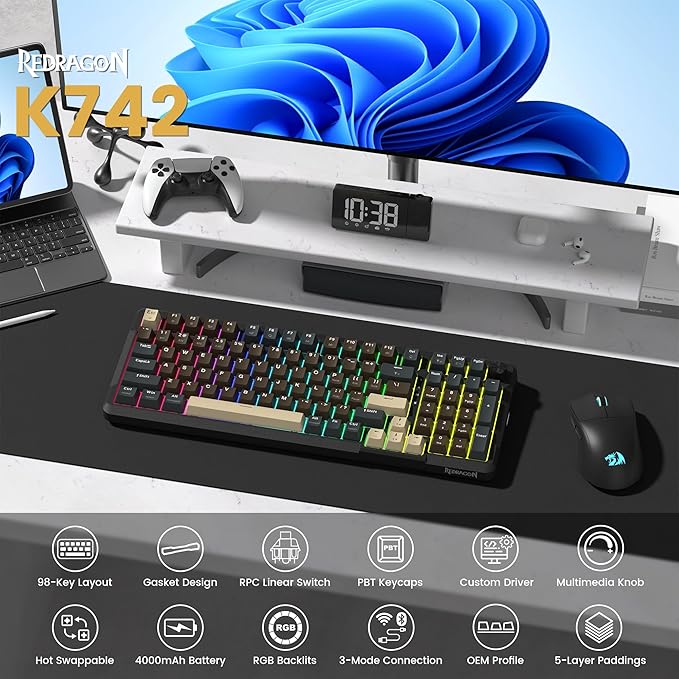Redragon K742 Wireless Mechanical Gaming Keyboard with Knob, Bluetooth 5.0/2.4GHz/USB C Wired Creamy Keyboard with Number Pad for PC Computer, RGB Backlits, Hot-Swappable with Linear Switches (Brown)