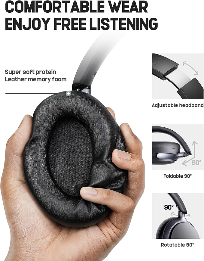 Picun NC60 Hybrid Active Noise Cancelling Headphones, Foldable Wireless Over Ear Bluetooth 5.4 Headphones, 80H Playtime, Transparency Mode, Stereo Bass, Custom EQ via App for Travel Home Black