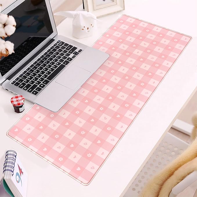 Pink Minimalist Gingham Floral Desk Mat Gaming Mouse Pad Large Cute Pastel Desk Pad Deskmat Kawaii, Women Office Desk Cover Mat, Laptop Computer Keyboard Mat Mousepad Desk Accessories 31.5"x11.8"