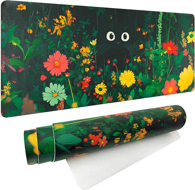 Bloss Green Mouse Pad, Clearance Overstock Limited Stock Discontinued Size Large Floral Plants Desk Pads for Desktop, Cute Black Carton Cat Leather Desk Mat, Computer Laptop Desk Mat,31.5"x15.7"