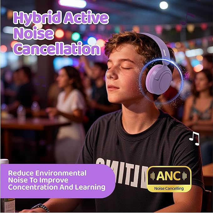 MIDOLA Kids Bluetooth Headphones Active Noise Cancelling Lightweight Wireless Headphone for Kid Volume Limited 85/94dB Foldable Over-Ear with Mic,68 Hours Playtime,for Toddler Child Lavender Purple