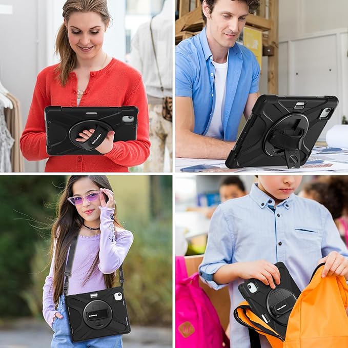 BRAECNstock Case for Apple iPad Air 11 inch (M4/M3/M2)/ Air 5th/4th Gen 10.9"/ Pro 11 inch 4th/3rd/2nd/1st Gen, Shockproof Protective Kids Case with Pencil Holder, Rotating Hand Strap & Stand, Black