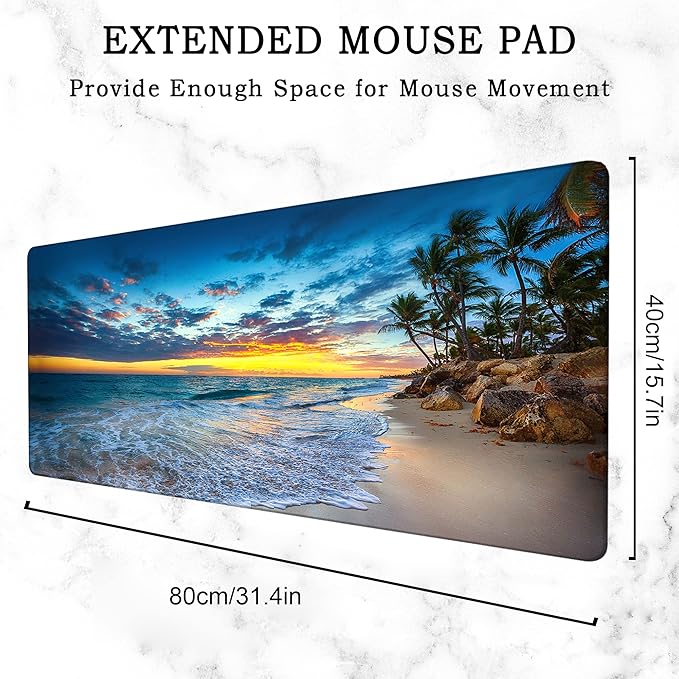 Hawaii Summer Beach Gaming Desk Mat Large,Palm Tree Sunset Extended Mousepad,Non-Slip Rubber Mouse Pad Stitched Edges,Desktop Decorative Accessories for Home Office 31.5" x 15.7"