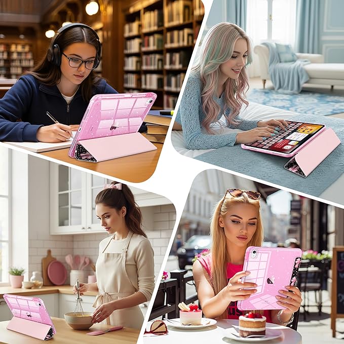 DONGKE for iPad Pro 11 inch Case – Fits M5 2025 / M4 2024, Shockproof Sparkling Glitter Acrylic Back, Pencil Holder, Trifold Stand, Auto Sleep/Wake & Touch ID Support - Pink Bows