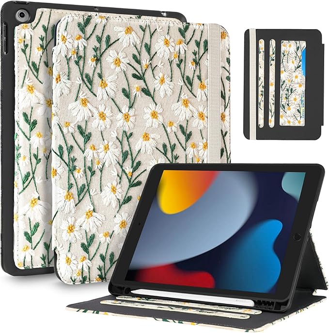 Uppuppy for iPad 9th/8th/7th Generation Case 10.2'' - Women Girls Cute Embroidered Folio Stand Cover with Pencil Holder & Card Slot Girly White Daisy Flower Design Aesthetic Cases for iPad 7th/8th/9th