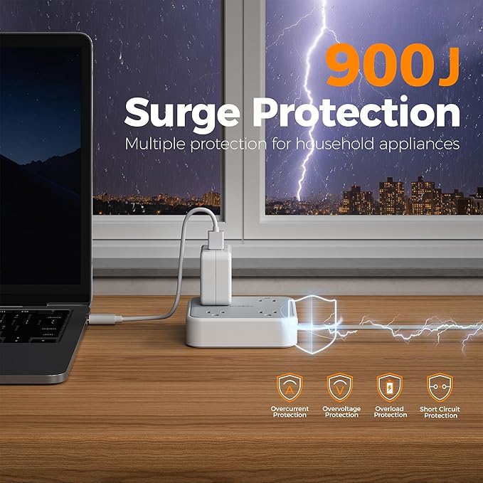 TESSAN Surge Protector Flat Extension Cord 25Ft, Flat Plug Power Strip with 4 Outlets 3 USB Ports (1 USB C), 900 Joules Protection, Multiple Wall Outlet Extender Suitable for Home Office Dorm, Grey