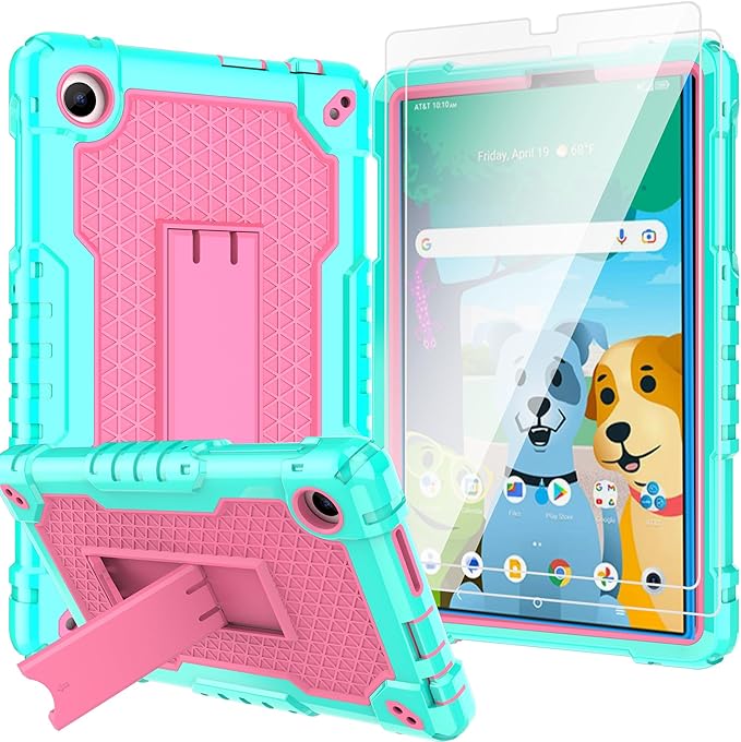 Case for for AT&T Amigo Jr. Tab 8 inch Tablet 9136K - with 2PCS Screen Protector,[Built-in Kickstand] Anti Slip Kids Friendly Shockproof Silicone Protective Cover (Green/Pink+2 PCS Glass)