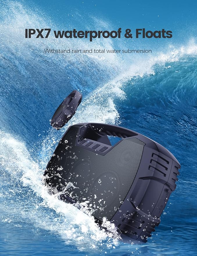 IPX7 Waterproof Outdoor Bluetooth Speaker, Wireless, 90W(Peak), 32H Playtime, Floating Design, Deep Bass & Loud Stereo Sound, Portable with Handle, Rugged for Pool, Beach, Kayaking, Hiking, Navy Blue