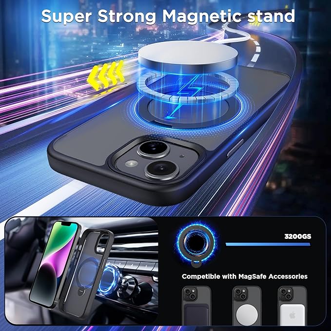 CACOE Magnetic Case for iPhone 13/14 6.1 inch with 360 Rotatable Ring Stand, Compatible with MagSafe Car Phone Mount, Cases Cover Phone Holder for Desk Meeting/Videos Matte Black