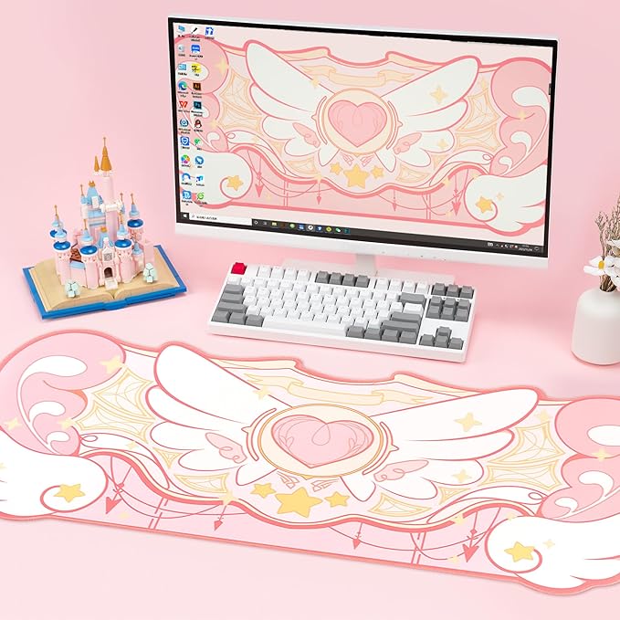 GeekShare Large Gaming Mouse Pad Kawaii Pink Non-Slip Rubber Back Mouse Pad Big Waterproof Desk Mat for Keyboard and Mouse Perfect for Gaming,or Home Office Work - Star Wings（Super Dense Cloth）