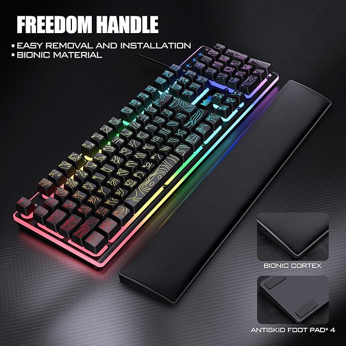 RedThunder K10 Wired Gaming Keyboard & Mouse Combo with Wrist Rest, Adjustable RGB Mechanical Feel Anti-ghosting Keyboard + 7D 7200 DPI Mouse+Soft Leather Wrist Rest for PC Gamers (Black Lines)