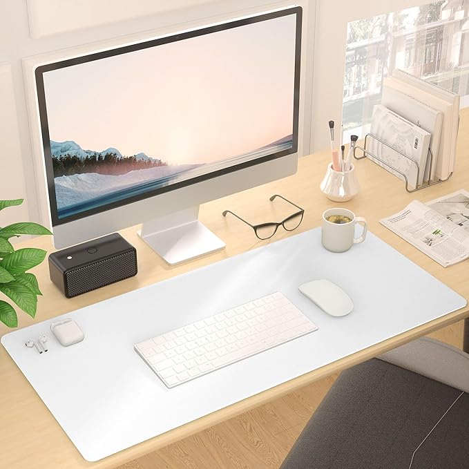 Mouse Pad Large for Desk, PU Leather Desk Pad Protector, Desk Mat Waterproof for Home & Office, Non-Slip Desk Mat for Keyboard and Mouse, Desk Blotter Writing Pad for Desktop, White (13.7''X23.6'')