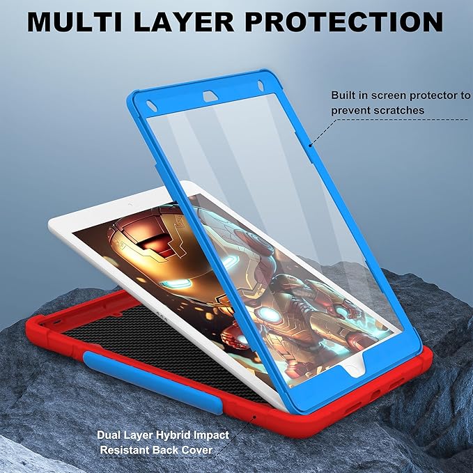 Andnary Case for iPad 9th/8th/7th Generation 10.2 inch, Heavy Shockproof Cover with Screen Protector/180° Rotating Handle/Bracket/Pen Holder/Shoulder Strap, Kids Case for 2021/2020/2019 (D-Red+Blue)