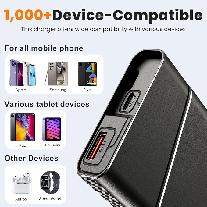 Aaoyun Portable Charger Power Bank, 22.5W PD Fast Charging Powerbank with Built-in USB C Cable, Slim External Phone Battery Pack for iPhone 17/16/15 Samsung S24 Android etc (Black-20000mah)