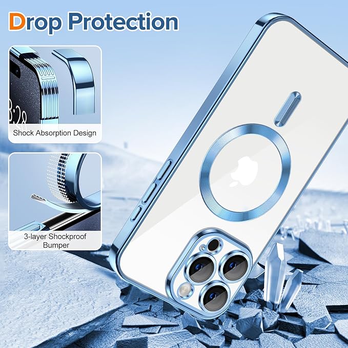 Hython Magnetic Clear for iPhone 15 Pro Case with Camera Lens Protector [Compatible with MagSafe] Luxury Plating Edge Slim Soft TPU Cover Protective Phone Case for iPhone 15 Pro 6.1", Light Blue