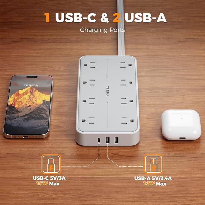 TESSAN Power Strip Surge Protector, 6FT Flat Plug Extension Cord with 8 Outlets 3 USB Charger(1 USB C), 1080 Joules Protection, 1875W 15A, Wall Mountable Charging Station for Home Office Dorm, Gray