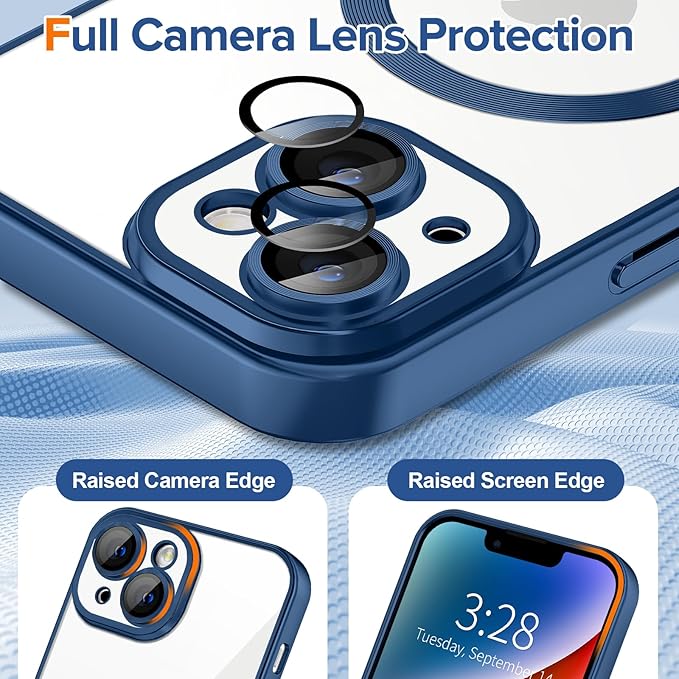 Hython Magnetic Clear for iPhone 14 Case with Camera Lens Protector [Compatible with MagSafe] Luxury Plating Edge Slim Soft TPU Cover Protective Phone Case for iPhone 14 6.1", Matte Deep Blue