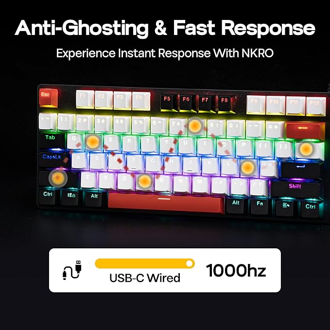 MechLands Aula S500 Wired Gaming Keyboard, 100% Full Size Mechanical Keyboard with Number Pad, 104 Keys, NKRO, RGB Backlits, Shine Through Keycaps, Ergonomic for PC E-Sports (Black&Red, Blue Switch)