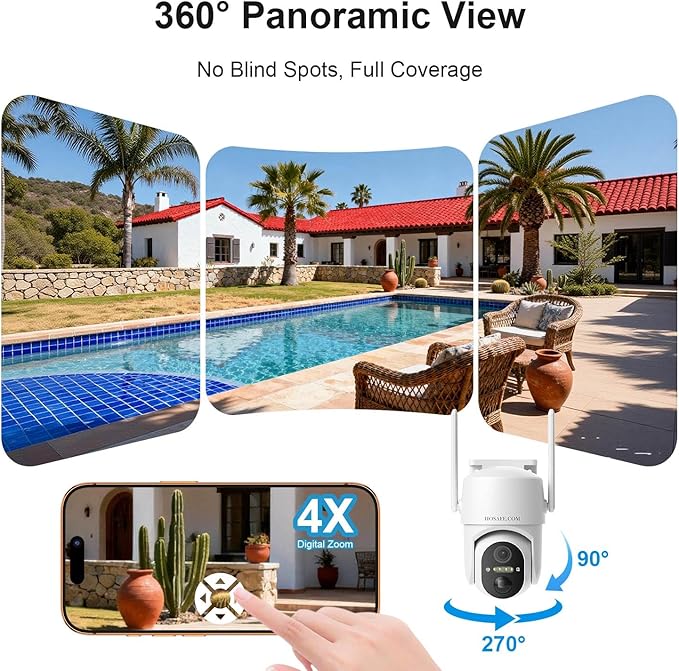 Solar Security Cameras Wireless Outdoor, WiFi Cameras for Home Security, 360° View Outdoor Camera Wireless, 2K Color Night Vision, AI Motion Detection, Instant Alert, 2-Way Audio, Cloud/SD Storage