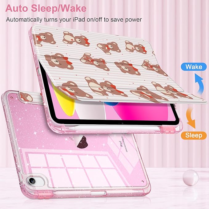 DONGKE for iPad Pro 11 inch Case – Fits M5 2025 / M4 2024, Shockproof Sparkling Glitter Acrylic Back, Pencil Holder, Trifold Stand, Auto Sleep/Wake & Touch ID Support - Lovely Bears