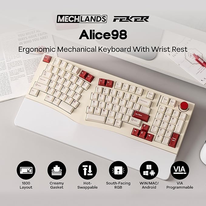 MechLands Feker Alice98 Ergonomic 98 Keys Custom Mechanical Keyboard, VIA Programmable, USB-C Wired Gaming Keyboard, Hot Swappable, 5 Layer Paddings, Control Knob, NKRO, RGB for Win/Mac (Beige)