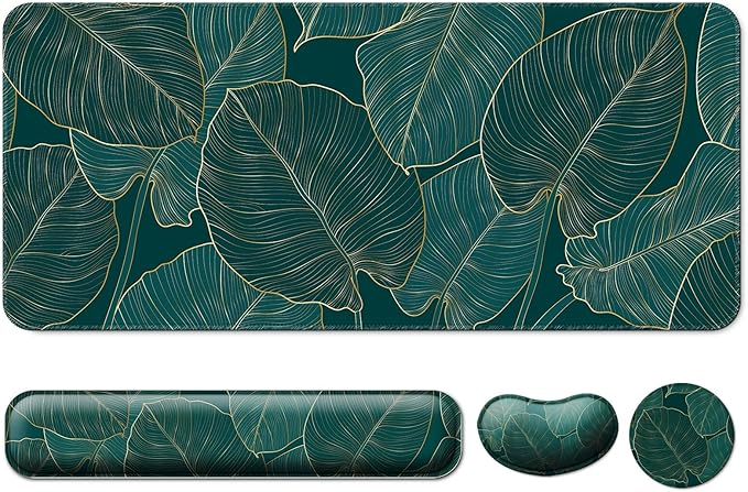 Keyboard Wrist Rest + Mouse Pad with Wrist Support + Desk Mat + Coaster 4 in 1 Set, XXL Large Gaming Mousepad Cute Ergonomic Mouse Pads for Desk Computer Laptop Office Decor-Green Leaves