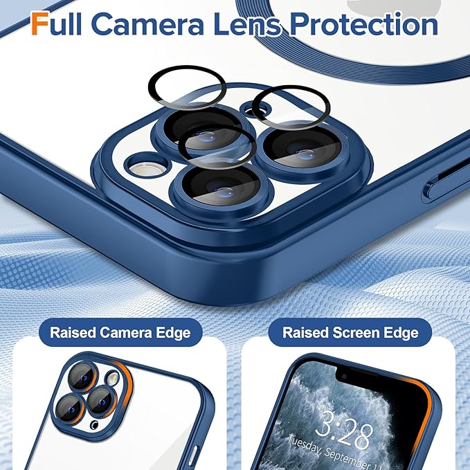 Hython Magnetic Clear for iPhone 11 Pro Max Case with Camera Lens Protector [Compatible with MagSafe] Plating Edge Slim Soft TPU Cover Protective Phone Case for iPhone 11 Pro Max, Matte Deep Blue