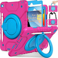 Andnary Case for iPad 9th/8th/7th Generation 10.2 inch, Shockproof Cover with Screen Protector/360° Rotating Handle/Bracket/Pen Holder/Shoulder Strap, Kids Case for iPad 2021/2020/2019 (Pink+Blue)