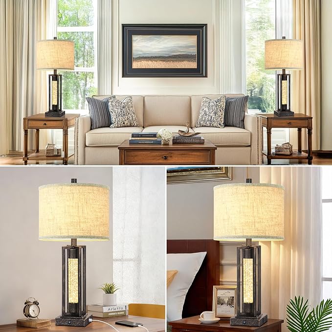 TOBUSA 26’’ Farmhouse Table Lamp for Living Room, Rustic Vintage Tall Nightstand Lamp for Bedroom with 2 USB Ports and Crystal Night Light, Retro Bedside Lamp for End Table Entryway Home Deco, Bronze