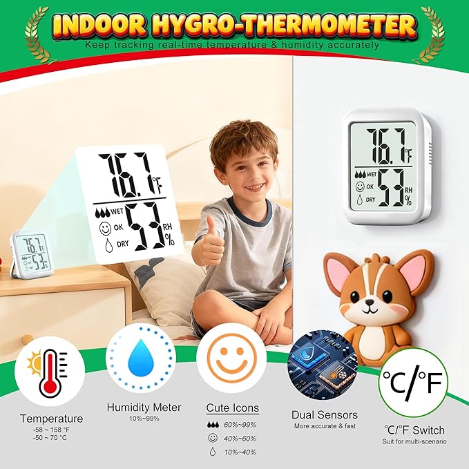 Antonki 2 Pack Room Thermometer for Home, Hygrometer Indoor Humidity Meter Gauge, Digital Temperature and Humidity Monitor Sensor for House, Terrarium, Incubator, Greenhouse - Battery Included