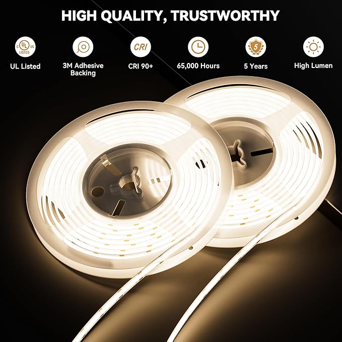 PAUTIX COB LED Strip Lights 48ft/15m Super Bright,504 LEDs/m Natural White 4000K CRI90+ Flexible LED Tape 24V for Cabinet Home DIY Lighting Projects with 2pcs COB Connector(Power Supply Not Included)