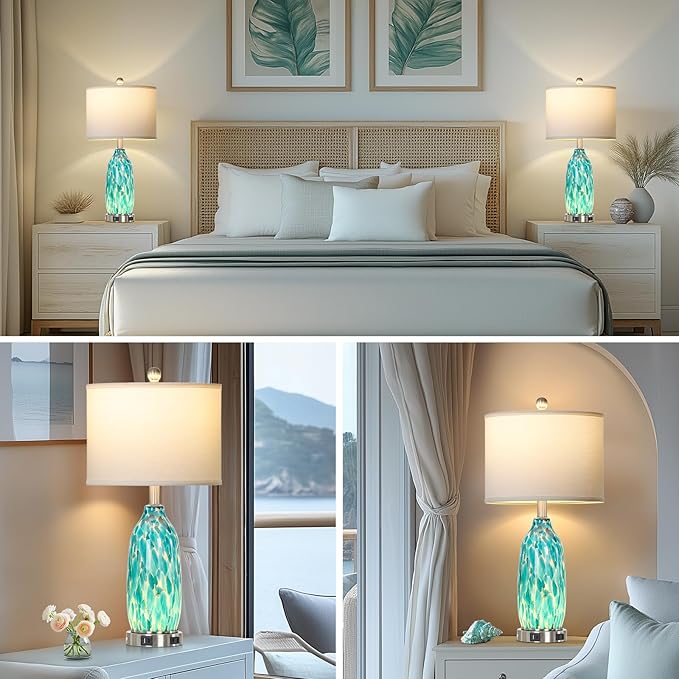 Rinweey 26" Peacock Green Glass Table Lamps Set of 2,Coastal Nautical Bedside Lamps with USB Ports & AC Outlet,Lamparas Elegantes para Cuarto with Night Light for Bedroom Living Room Decoration