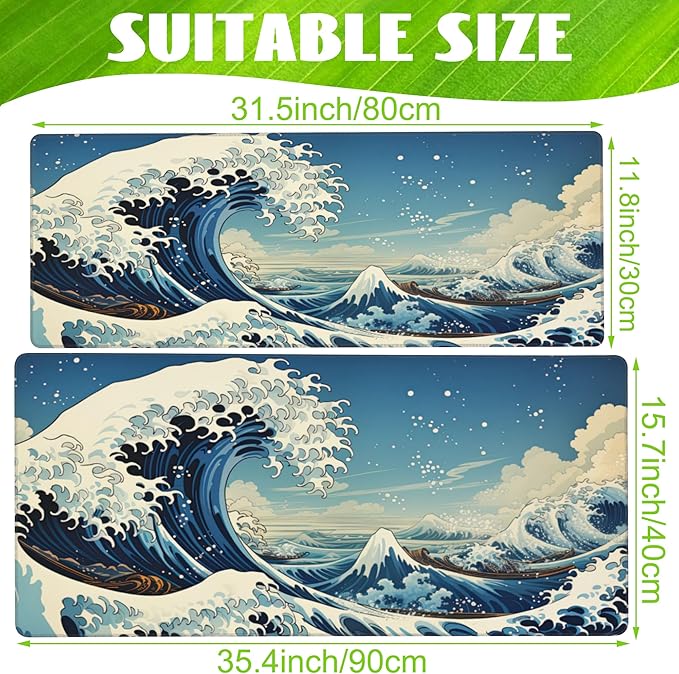 Desk Mat,Blue Japanese Sea Wave Desk Pad,Japanese Sea Wave Large Gaming Mouse Pad for Desk,Extended Big Computer Keyboard Mouse Pad with Non-Slip Base and Stitched Edge,35.4"x15.7"