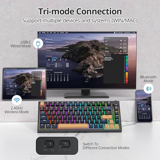 400PRO 75% Wireless Black Blue Gaming Keyboard, Gasket Hot Swappable RGB Mechanical Keyboard, Bluetooth/2.4GHz/USB-C Thocky Keyboard with Pre-lubed Cream Grey Switches (82 Black Blue-B)