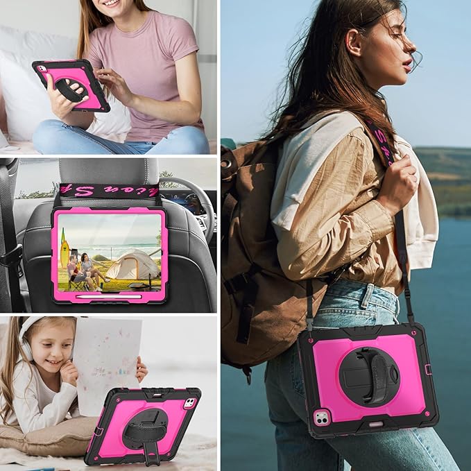 HXCASEAC for iPad Pro 13 Inch Case (M5/M4) 2025/2024, Shockproof Design with Pencil Holder, Protector, Rotating Stand, Hand Strap, Heavy Duty Protective iPad Pro13 Cover A3360 A3361 A2925 A2926, Rose