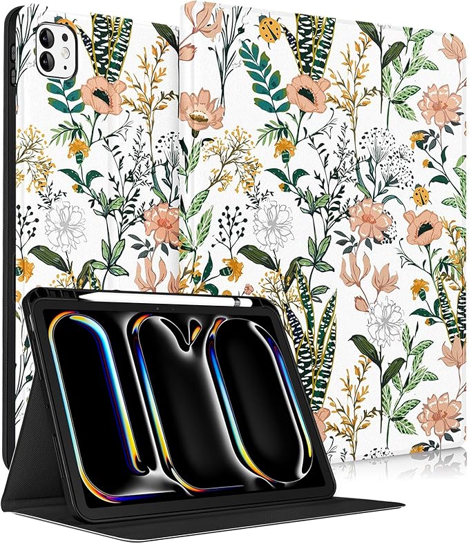 Uppuppy for iPad Pro 11 Inch Case 2024 - Women Girls Cute Folio Smart Cover with Pencil Holder Flower Floral Girly Pretty Kawaii Kids Unique for iPad Pro 11 M4 Cases A2836 A2837 A3006