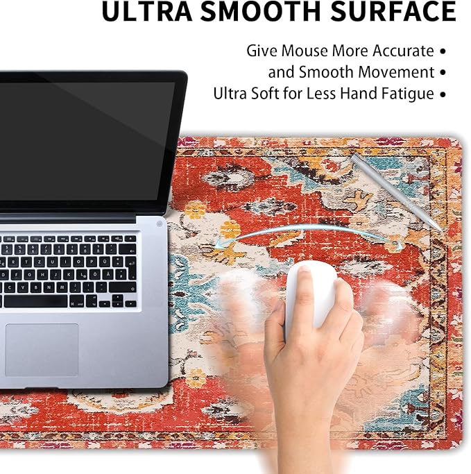 Vintage Rug Mouse Pad XL Red Orange Retro Carpet Aesthetic Extended Table Mat 80X30 cm Non-Slip Rubber Base Stitched Edge Large XL Mousepad for Desk Gaming Laptop Desk Top,31.5×11.8 Inch