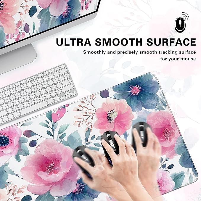 Desk Cover Mat, Floral Large Mouse Pad, Computer Laptop Mat Desk Decor for Women Girls 31.5 X 15.7 Inch (Watercolor Pink Flowers)