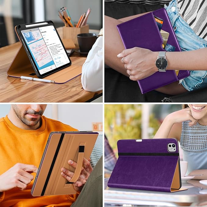 DTTO for iPad Pro 11 inch Case (M5/M4) 2025/2024, Premium Leather Business Folio Stand Cover with Pencil Holder - Auto Wake/Sleep and Multiple Viewing Angles, Dark Purple