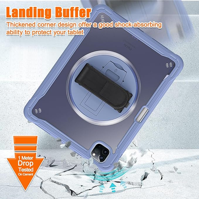 Batianda Case for iPad Pro 11-inch 2022 4th M2 Chip /2021 (3rd Generation) Heavy Duty Rugged Shockproof Tablet Cover with 360° Rotating Hand Strap Foldable Hidden Stand & Shoulder Strap, Lavender
