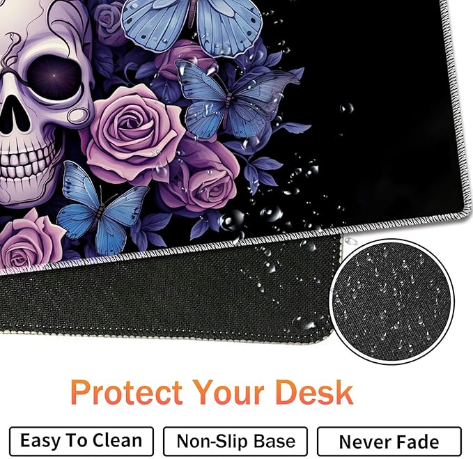 Extended Non-Slip Mouse Pad + Mouse Wrist Rest + Lace-Shaped Coaster Set, Ergonomic Design, Suitable for Desk and Home Gaming Table Mat, Skull Butterfly Roses