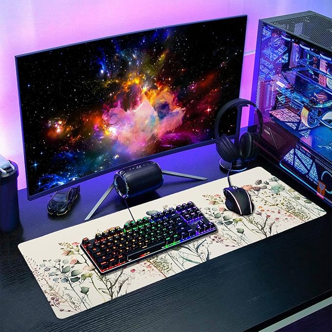 Cute Wild Flowers Mouse Pad XL Boho Aesthetic Floral Chic Plant Extended Table Mat 80X30cm Non-Slip Rubber Base Stitched Edge Large Mousepad for Desk Gaming Laptop Desk Top,31.5×11.8 Inch