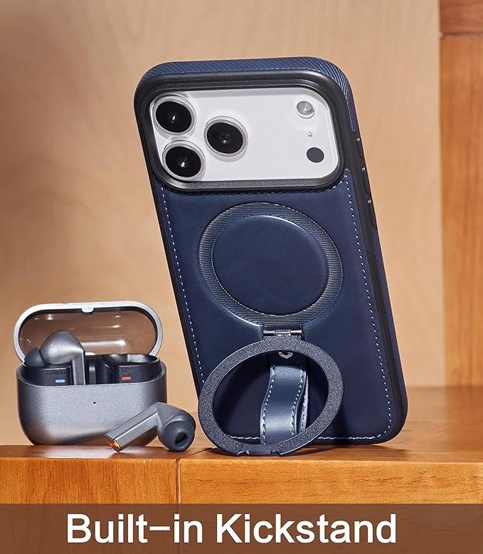 Butaiga for iPhone 17 Pro Max Leather Case with Stand, Anti-Slip Grip Ring, Fits for MagSafe (Blue, iPhone 17 Pro Max)