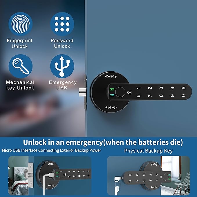 Foxgard Smart Fingerprint Door Lock, Biometric Door Lock, Electronic Door Knob with Keypad,Smart Door Knob with 100 Fingerprints, 50 Codes for Home,Bedroom, Office(Round)