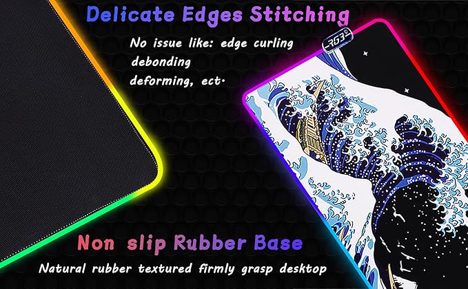 Gaming Laptop Mouse Pad,Sea Wave Big Mice Pads PC Keyboard Waterproof and Non-Slip 31.5 x 11.9 0.12" Thick XL,XXL Rubber Table Mat, RGB Led with 10 Lighting Modes+9 Color Changing Modes Mat