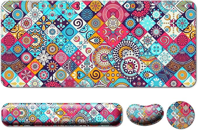 Keyboard Wrist Rest + Mouse Pad with Wrist Support + Desk Mat + Coaster 4 in 1 Set, XXL Large Gaming Mousepad Cute Ergonomic Mouse Pads for Desk Computer Laptop Office Decor-Mandala