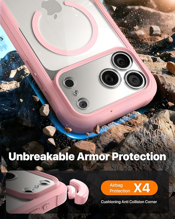 Diaclara Magnetic Designed for iPhone 17 Pro Case Full Body Bumper,[Compatible with MagSafe] Military Drop Proof Cover with Built-in Touch Sensitive Anti-Scratch Screen Protector,Pink