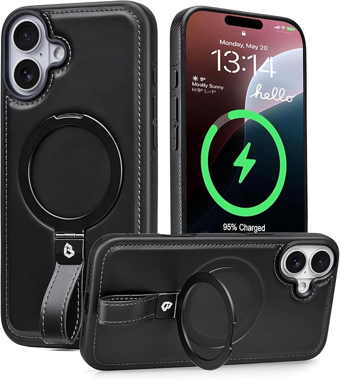 Butaiga for iPhone 17 Leather Case with Stand, Anti-Slip Grip Ring, Fits for MagSafe (Black, iPhone 17)