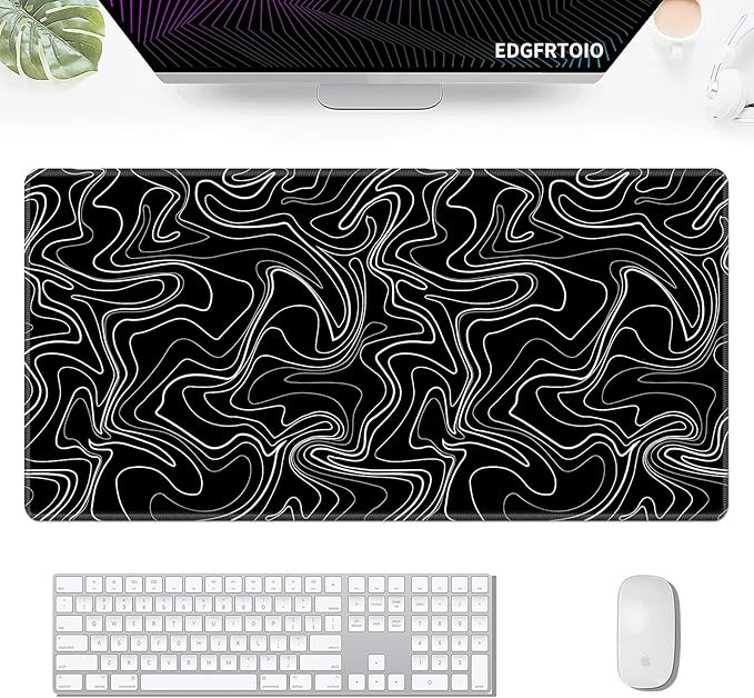 Topographic Map Large Mouse Pad, Black White Desk Pad for Keyboard and Mouse, 31.5" X 15.7" Computer Gaming Mouse Mat with Non-Slip Rubber Stitched Edge for Laptop Gamer, Black Lines Contour